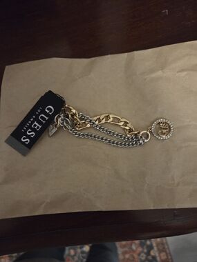 Guess Two-Tone Chain Bracelet with Crystal Logo Charm - Gold & Silver